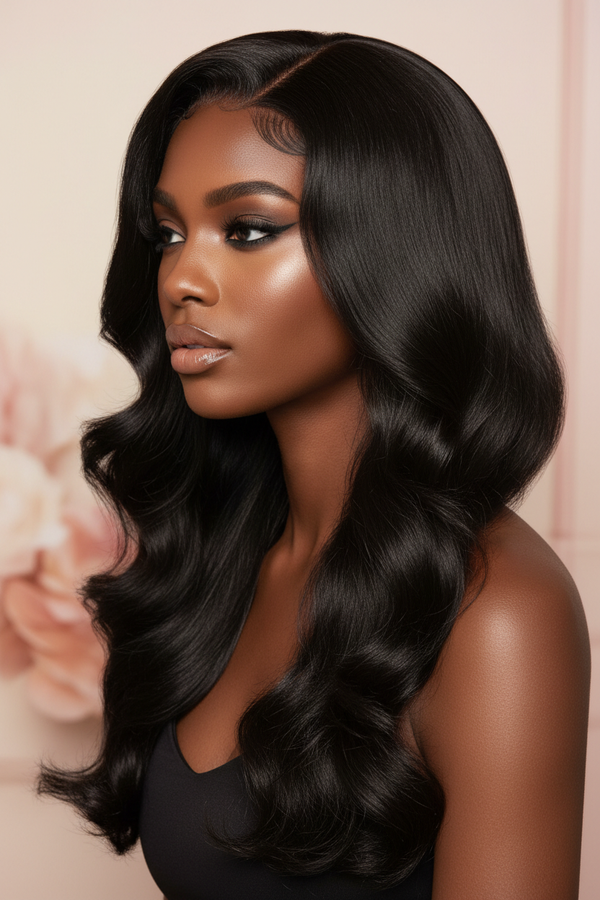 Beautiful Black Model with Wavy Wig Facing Left