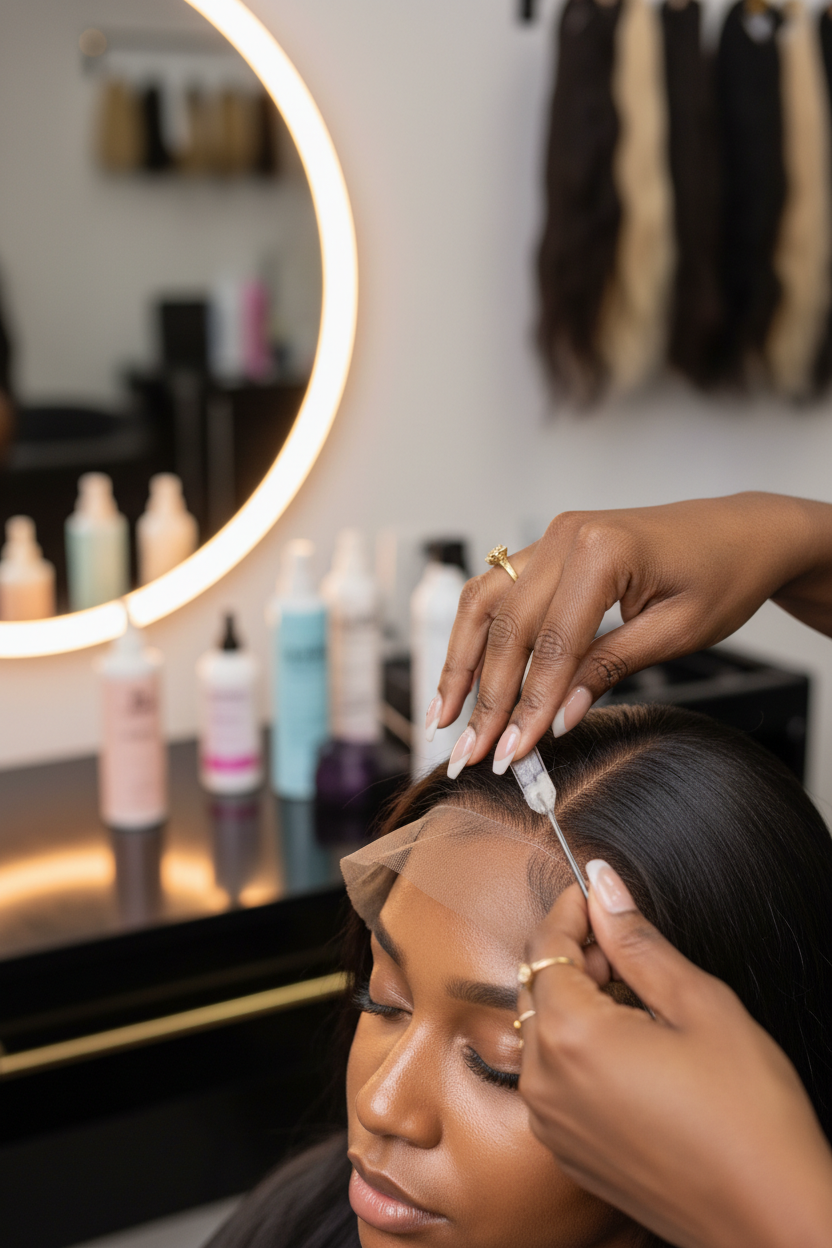 Stylist installing a lace wig in the salon
